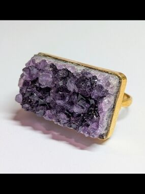 Gold-Trim Amethyst Druzy Statement Ring